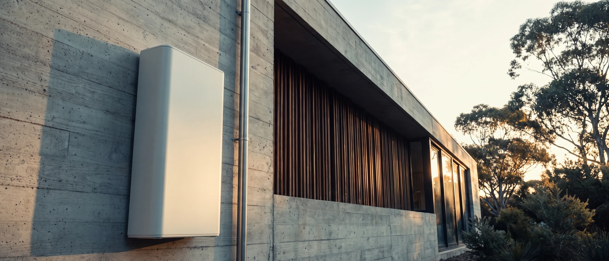 A slim wall-mounted home battery on the board-formed concrete wall of a contemporary house, the timber-battened facade and glazing receding toward eucalypts at dusk.