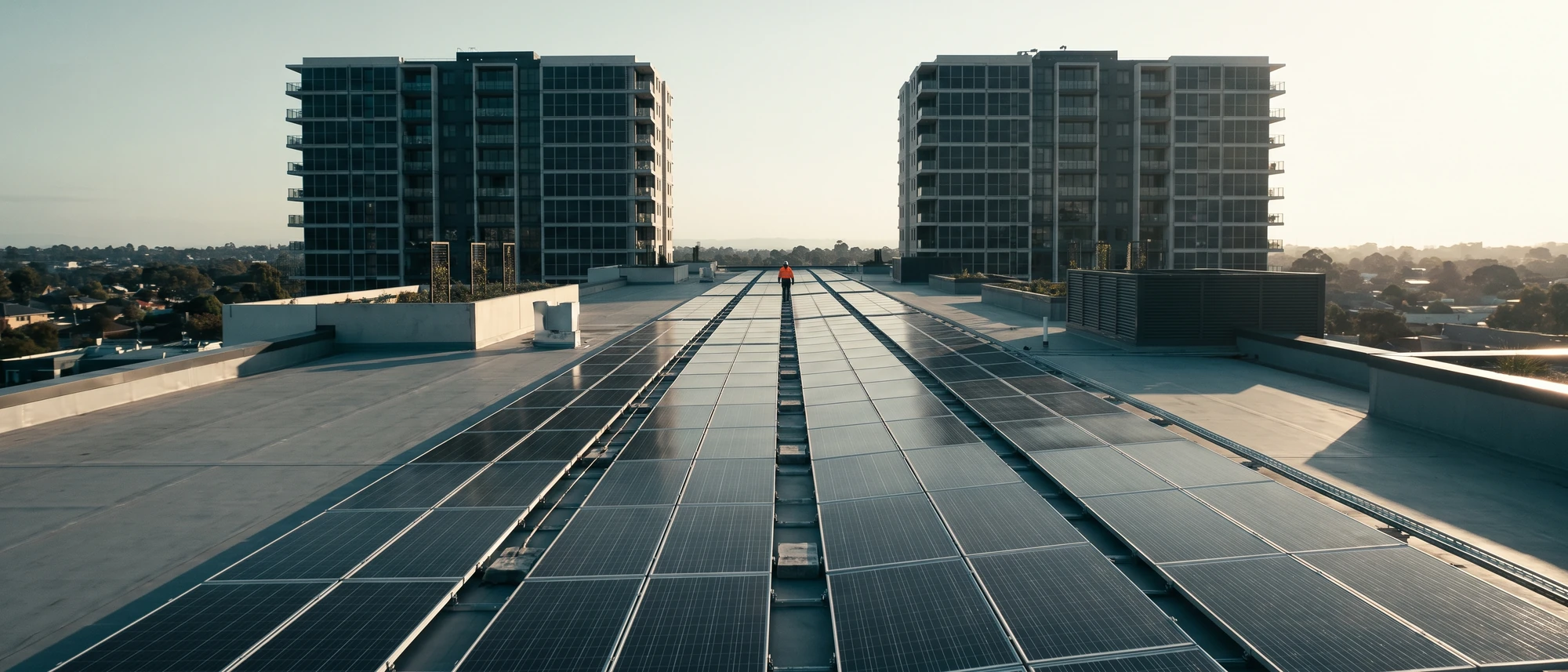 Rows of solar panels running the length of an apartment building roof toward two further residential towers of the same development, a single distant figure between the rows for scale.