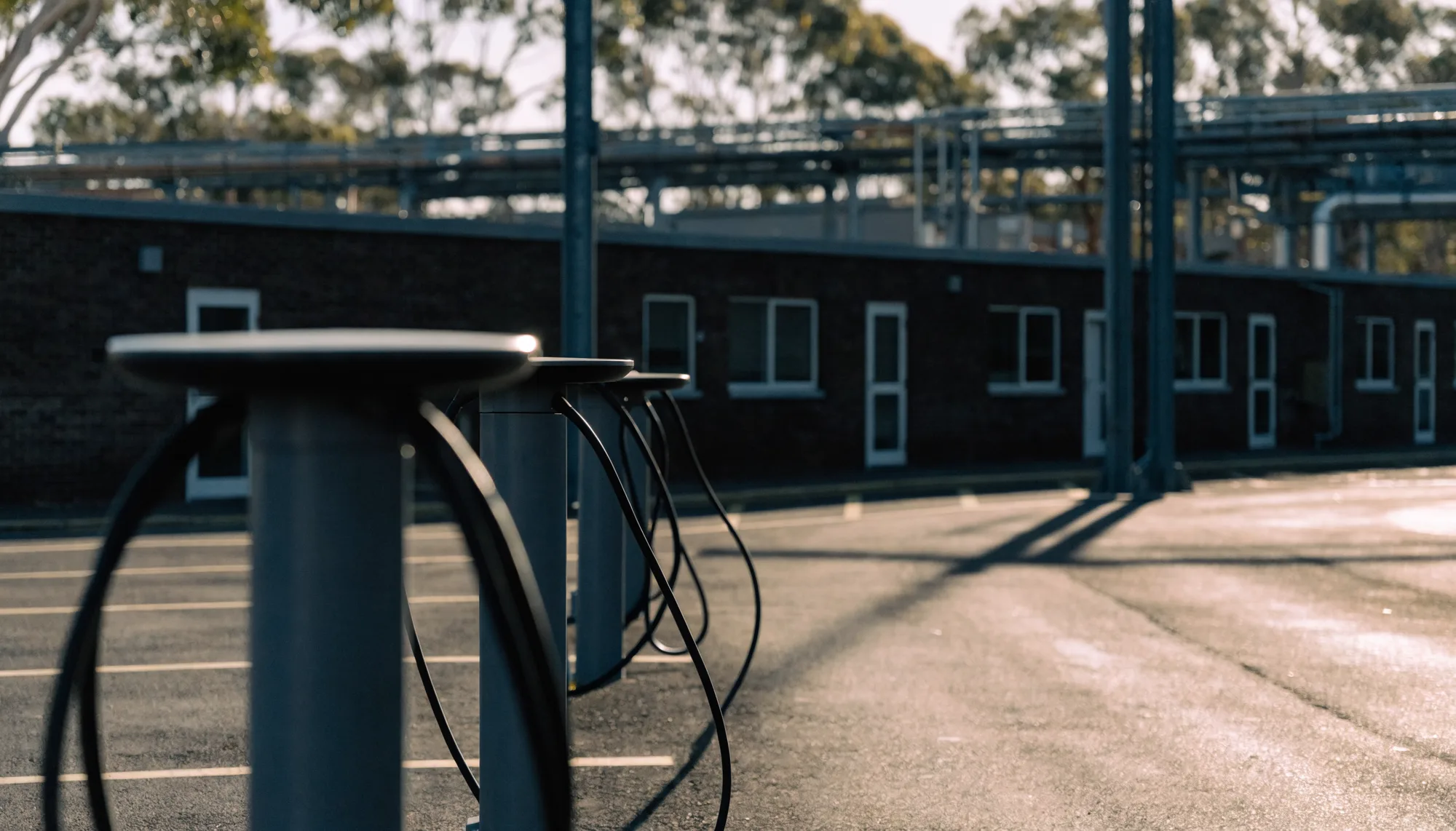 A row of unbranded pedestal electric vehicle chargers with coiled cables in a commercial staff carpark at late afternoon.