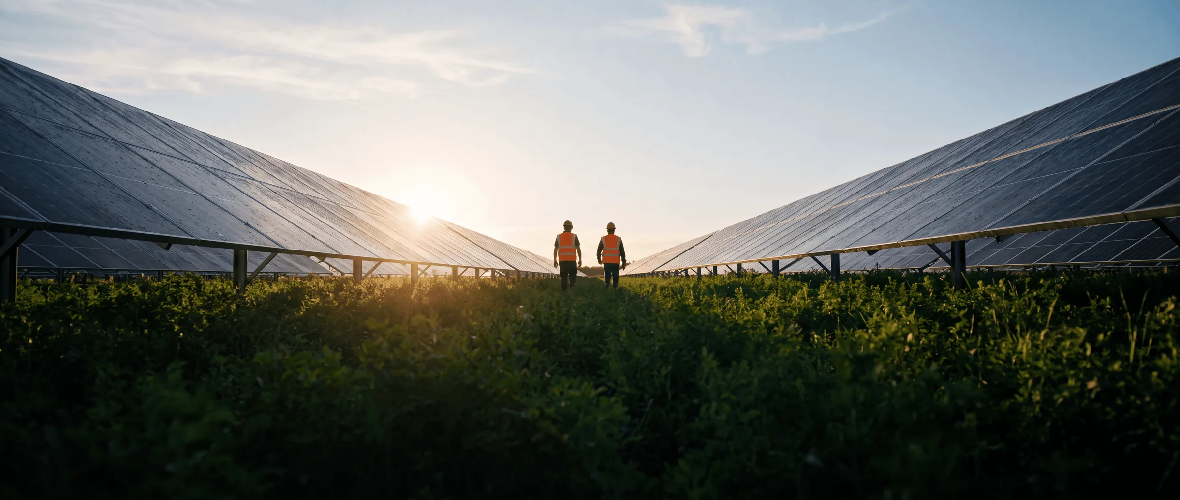 Two workers in high-visibility vests walking between rows of ground-mount solar panels at sunset.