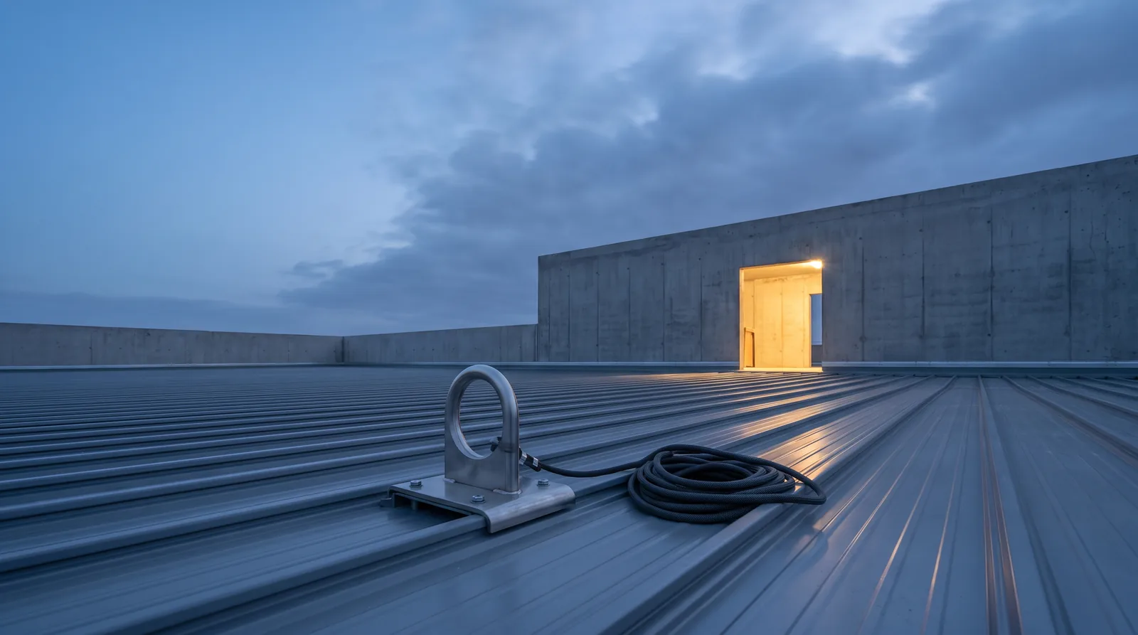 A stainless steel roof anchor point with a coiled rope beside it on a steel roof deck at dusk, and a lit doorway in the parapet wall behind.