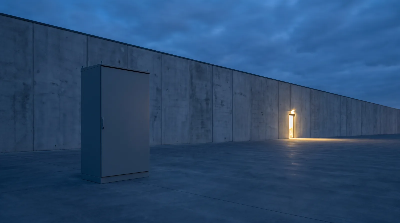 A single battery cabinet standing alone on a concrete apron beside a long tilt-panel wall at dusk, one lit doorway further along.