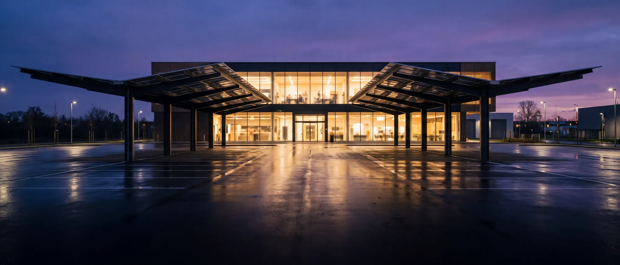 A commercial building lit from inside at dusk.
