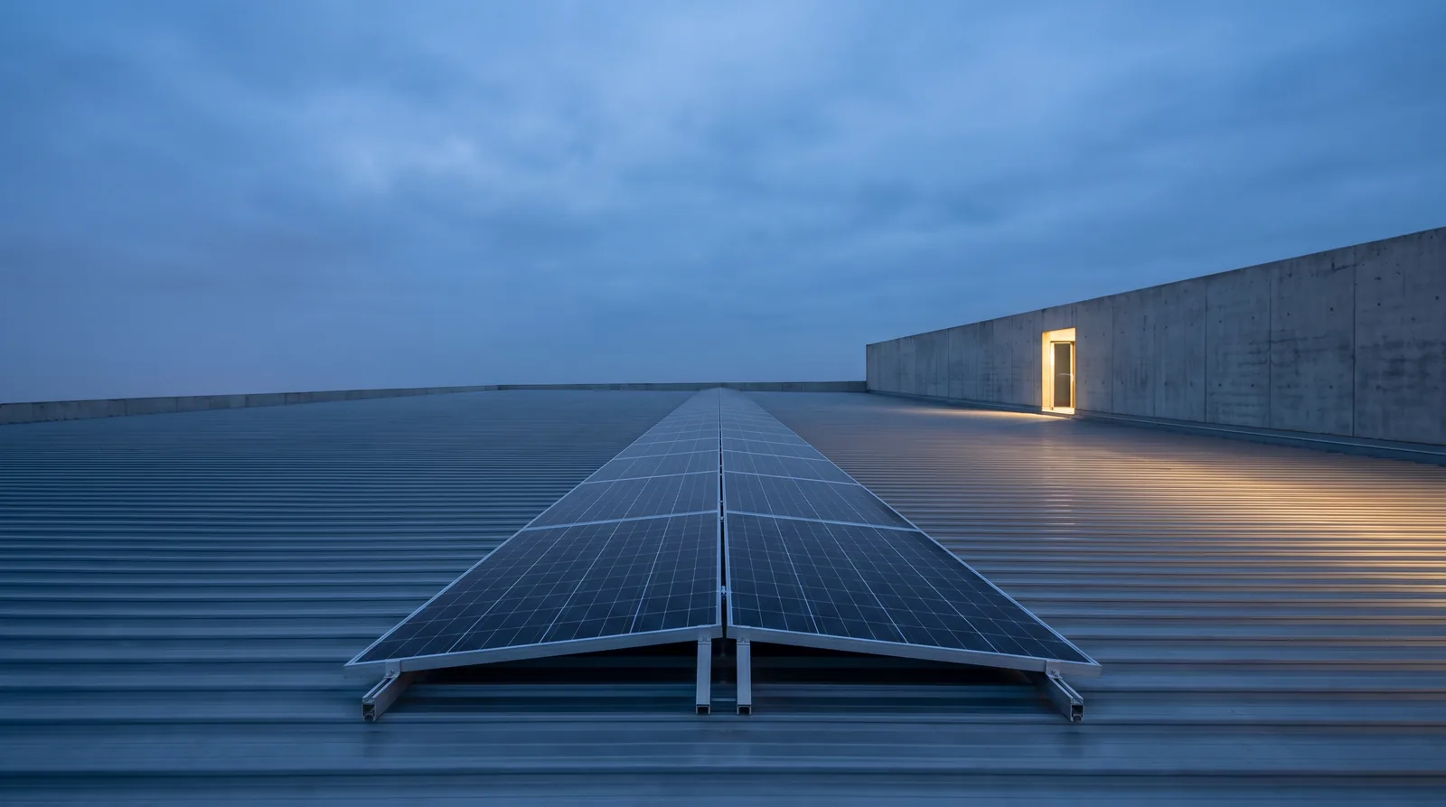 A single row of solar panels running along a bare steel roof deck at dusk toward a lit doorway in a concrete parapet wall.