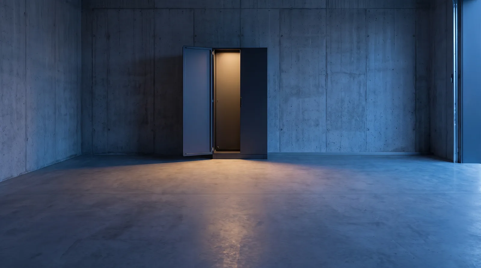 A switchboard cabinet standing open in an empty concrete plant room at dusk, warm light from inside the cabinet falling across the floor.