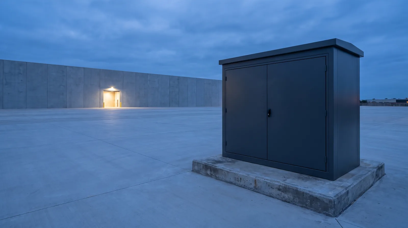A dark grey padmount transformer on a concrete plinth at the edge of an empty apron at dusk, with a lit doorway in a building far behind.