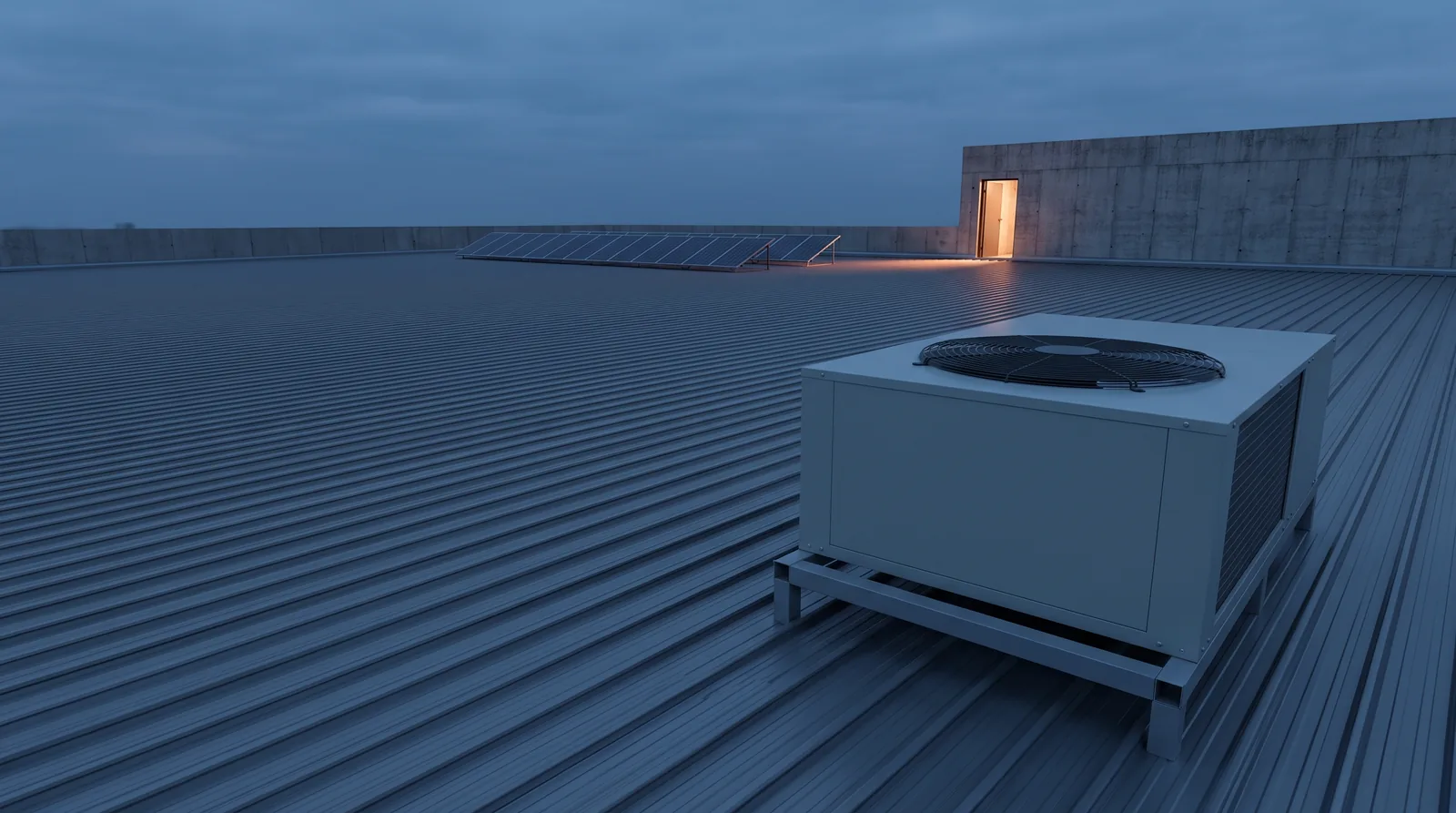 A pale grey air conditioning condenser on a bare steel roof deck at dusk, with a short row of solar panels and a lit doorway beyond.