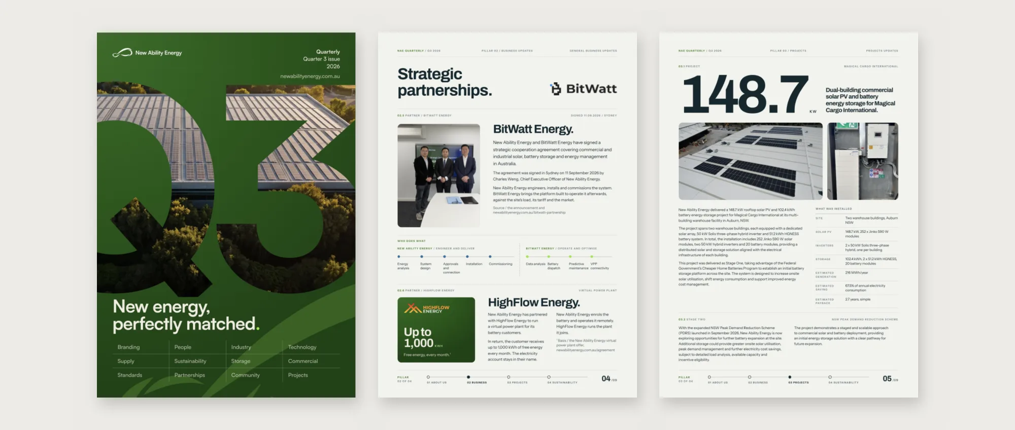 Three pages of the New Ability Energy quarterly laid side by side: the forest-green Q3 cover, the strategic partnerships page, and the Magical Cargo International project page.