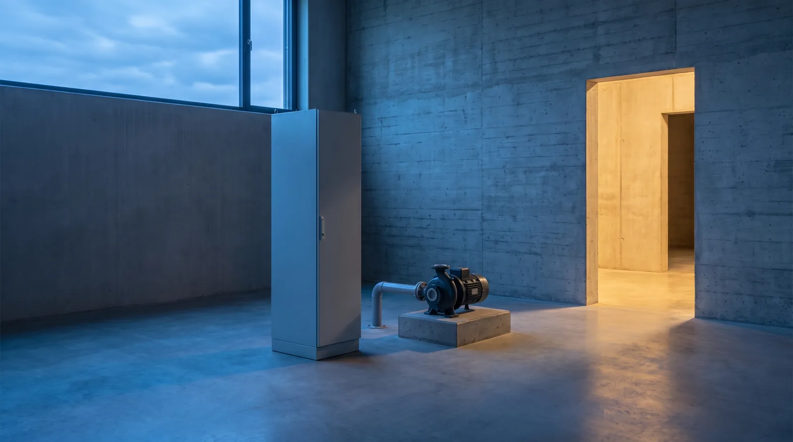 A pale grey drive cabinet and a small pump on a concrete plinth in an empty plant room at dusk, with a lit doorway in the concrete wall.