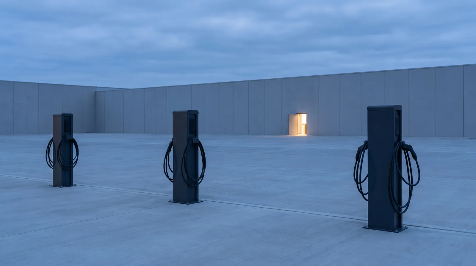 Three charcoal pedestal vehicle chargers with coiled cables along the edge of an empty car park at dusk, and a lit doorway in the wall behind.