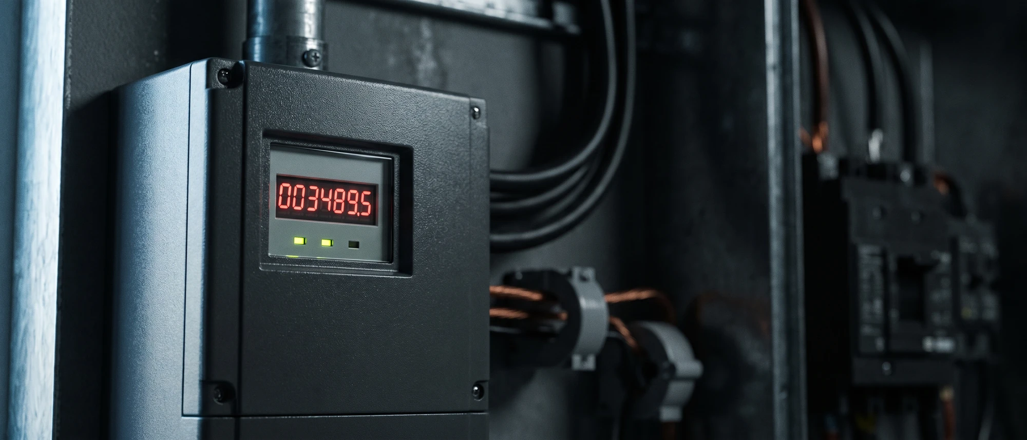 Close-up of a lit energy meter register in a darkened plant room, current transformers clipped to copper cabling behind it.