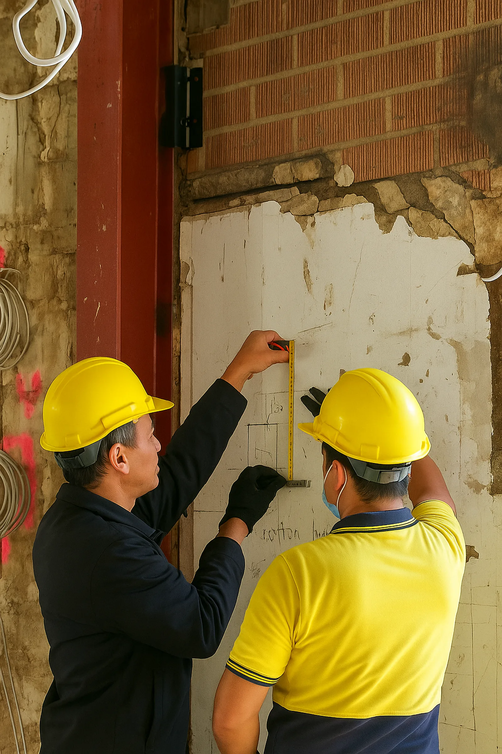 Two workers in hard hats measuring and marking a wall during a building rebuild, with conduit and cabling run behind them.