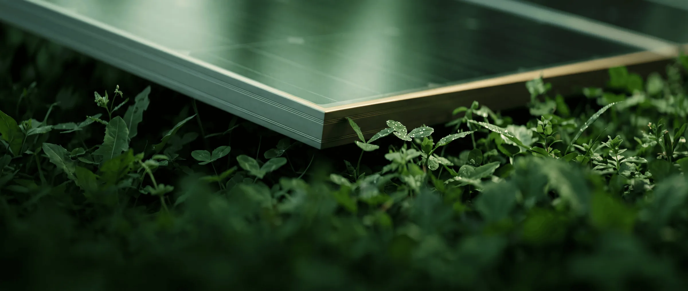 The edge of a solar panel photographed close, low over dew-covered ground cover.