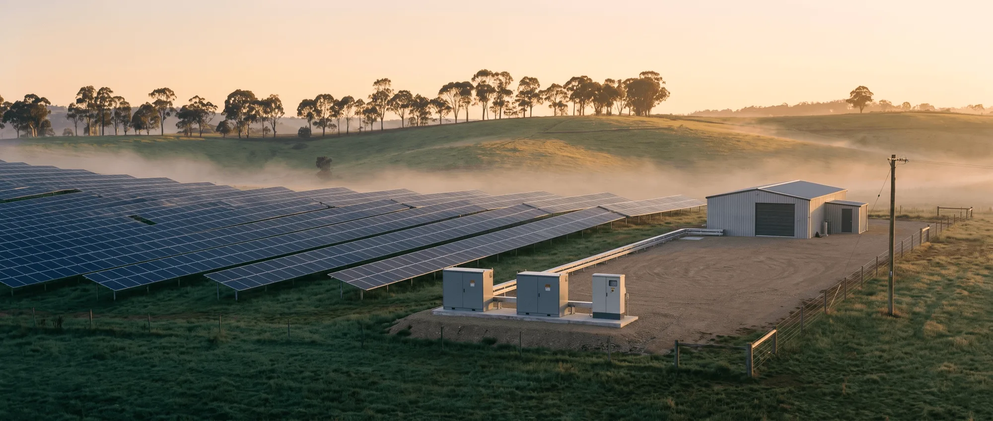 A ground-mount solar array beside inverter cabinets and a shed, in morning mist on rural land.