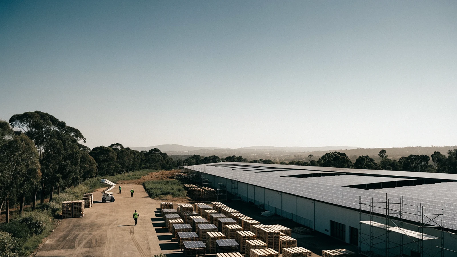 A long warehouse carrying a large rooftop solar array, scaffolding at one end and pallets of panels stacked on the hardstand below.