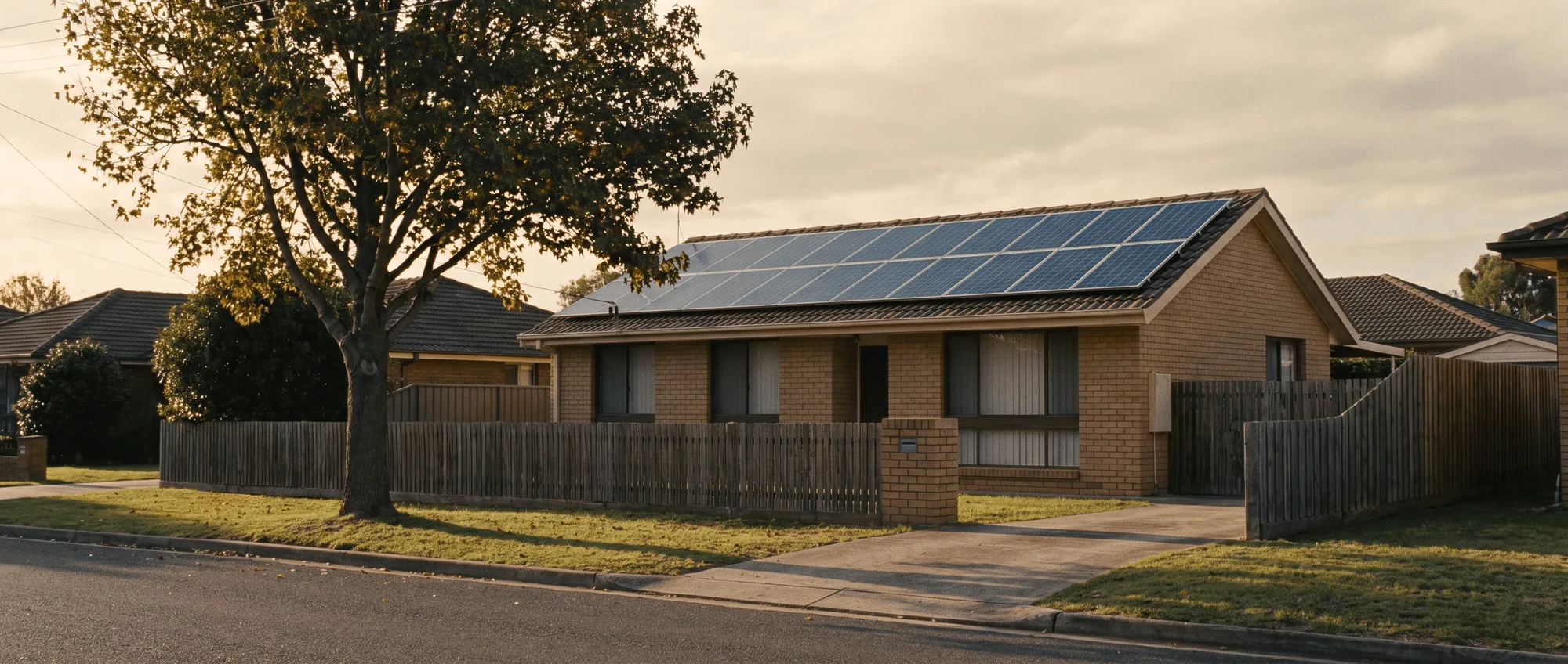 A brick house with solar panels on its roof, late afternoon light across the street.