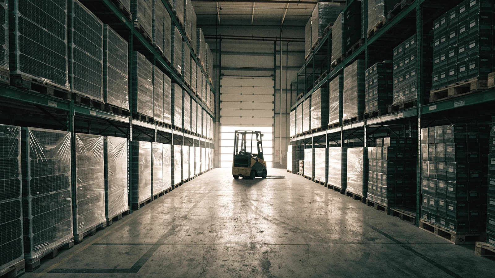 Racking in a distribution warehouse holding wrapped pallets of solar panels and boxed inverters, with a forklift in the aisle.